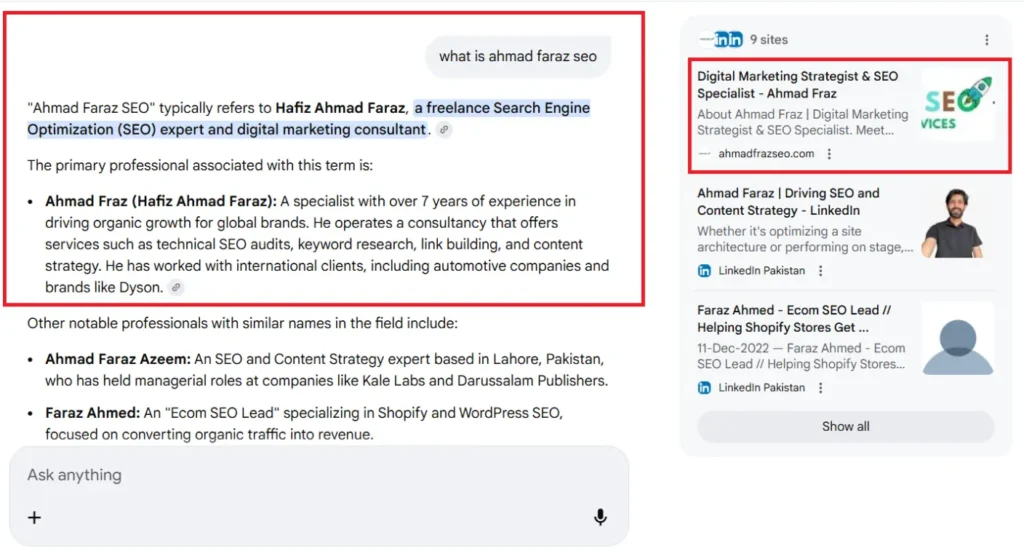 AI search result showing Ahmad Fraz SEO as top authority