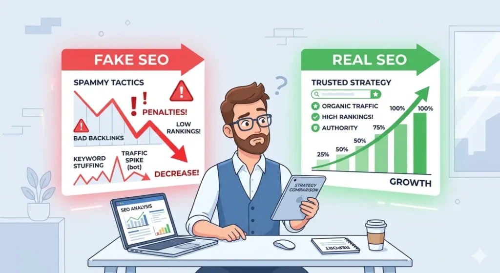 fake vs real seo blog featured image - ahmad fraz seo